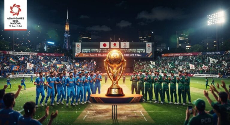 Cricket players in Asian Games 2026 jerseys at Korogi Sports Park under Nagoya floodlights with the gold medal trophy in the foreground.