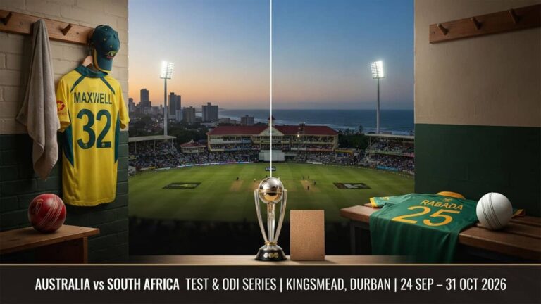 Australian and South African cricketers in ODI kits at Kingsmead Durban under floodlights, with the WTC mace visible beside the stumps.