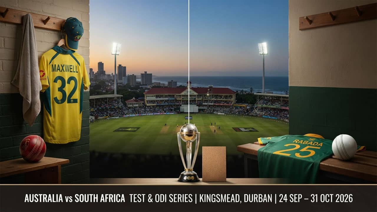 Australian and South African cricketers in ODI kits at Kingsmead Durban under floodlights, with the WTC mace visible beside the stumps.